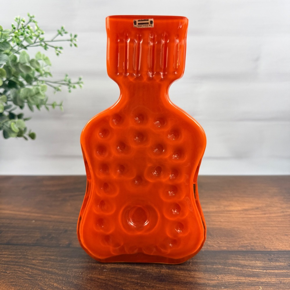 Vintage Hirschberg Orange Cased‎ Glass Vase | Mid-Century | Original Label